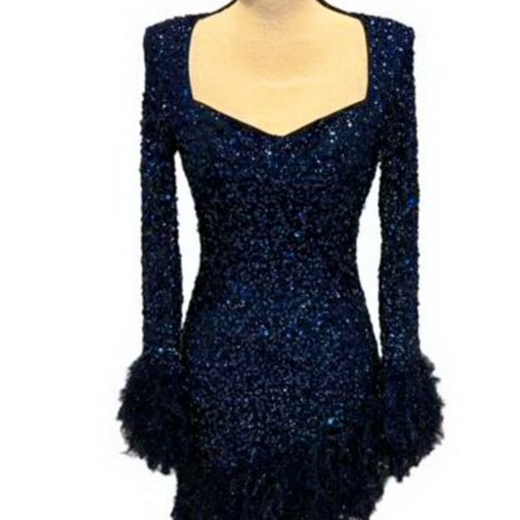 ASOS Luxe Navy Blue Sequin Faux Feather Heart Cut Out Back Mini Dress - Picture 2 of 3
